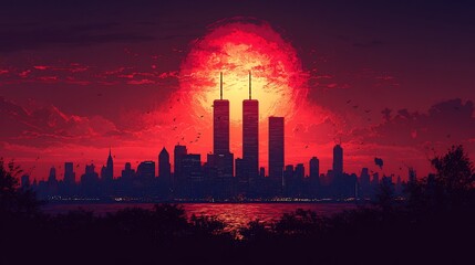 Fototapeta premium Red moonrise over city skyline, twin towers prominent, birds flying. Use Artwork, wallpaper