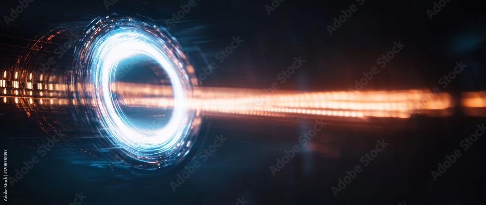 Poster dynamic light tunnel creating a futuristic visual experience with glowing rings and streams of light
