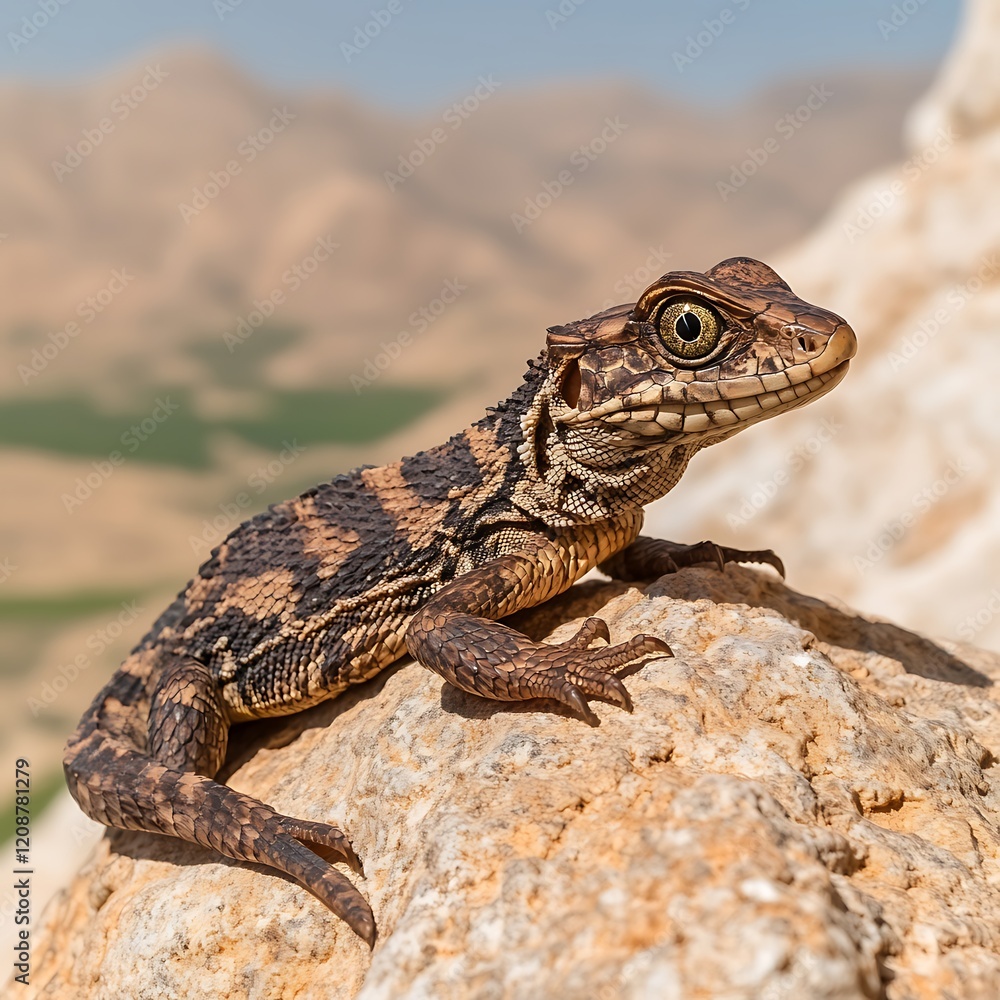 Poster Close-up of a lizard perched on a rock in a desert landscape.