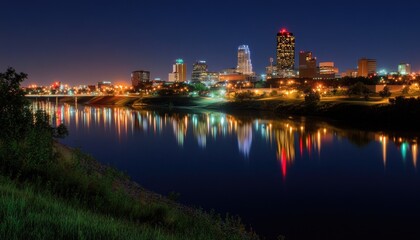 Fototapeta premium Cityscape Lights Reflecting on Water at Night