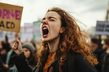 A woman passionately shouting during a protest