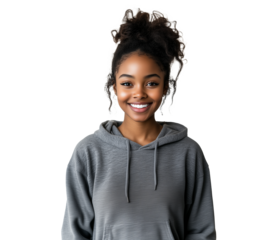 Portrait of a young, smiling, teen African American girl student wearing a grey hoodie, isolated on a transparent background, cut out