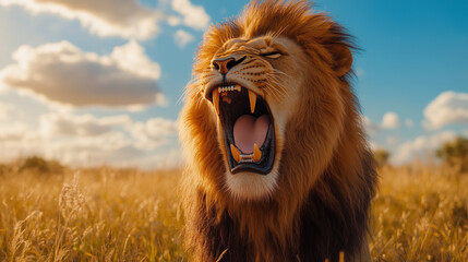 A powerful lion roars against a cloudy sky