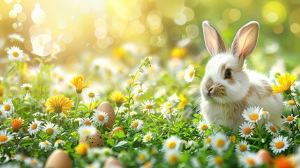 Fototapeta premium An Easter Background With A Bunny, Eggs And Flowers