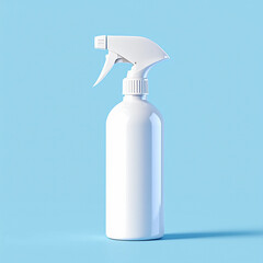 High-quality blank white plastic spray bottle mockup isolated on a soft pastel blue background, perfect for product packaging and branding designs.