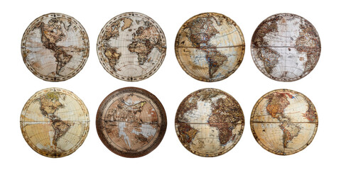 Vintage World Map Collection on a Dark , PNG set collection, isolated on transparent background