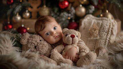 Cute baby hugging teddy bear and christmas ornaments, AI generated image