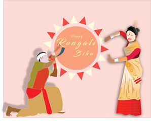 Happy Rongali Bihu social media feed template. Greeting background with drum (dhol, onoinya) decorated with gamosa, japi (bamboo hat) and pepa