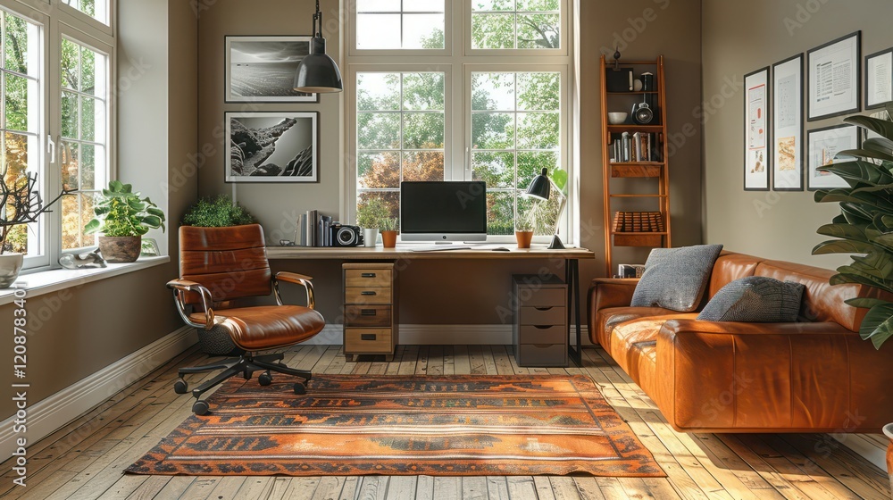 Poster an image highlighting the simplicity and functionality of a contemporary home office with a clutter-