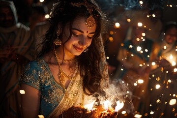 Fototapeta premium Happy Holika Dahan event: festive ritual, joyous gathering, cultural tradition, spiritual meaning, sacred bonfire, vibrant occasion, Indian mythology, community unity, symbolic celebration.