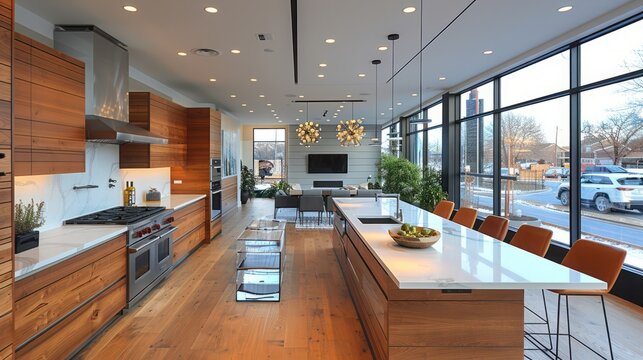 an open kitchen is shown varying wood grains, lively tableaus