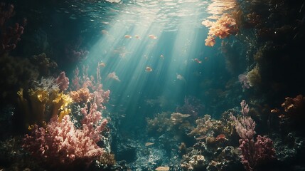Obraz premium Underwater Scene with Sunbeams, Coral, and Fish