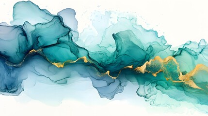 Obraz premium Abstract Teal Gold Ink Landscape Painting