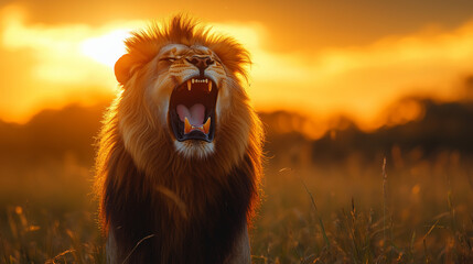 A roaring lion against a hazy orange sunset