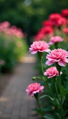 Delicate pink carnation blooms on a garden path, flower gardens, garden paths, floral arrangement