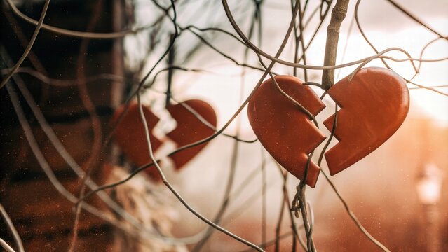 love concept, Broken hearts entwined in nature's embrace.