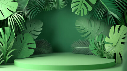 Tropical Greenery Stage Background for Events. A vibrant green stage setup featuring lush tropical leaves, ideal for photo shoots, events, and presentations.