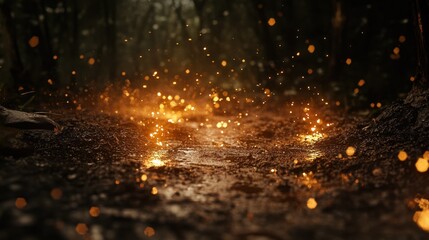 A dramatic scene of raindrops splashing onto a muddy path, creating small water explosions with every drop.