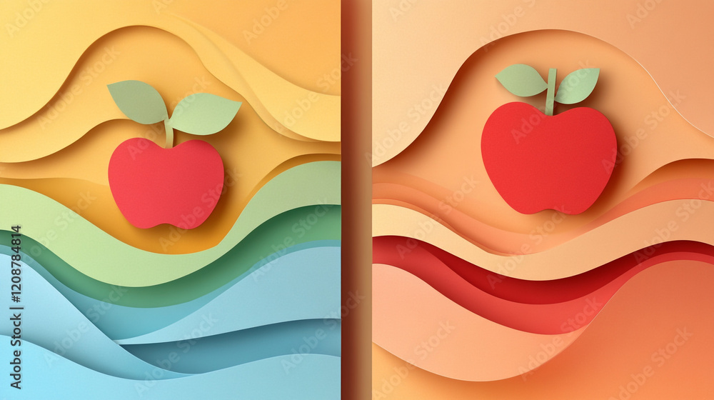 Aufkleber colorful artistic composition featuring two apples resting on abstract layered waves. bright and vib