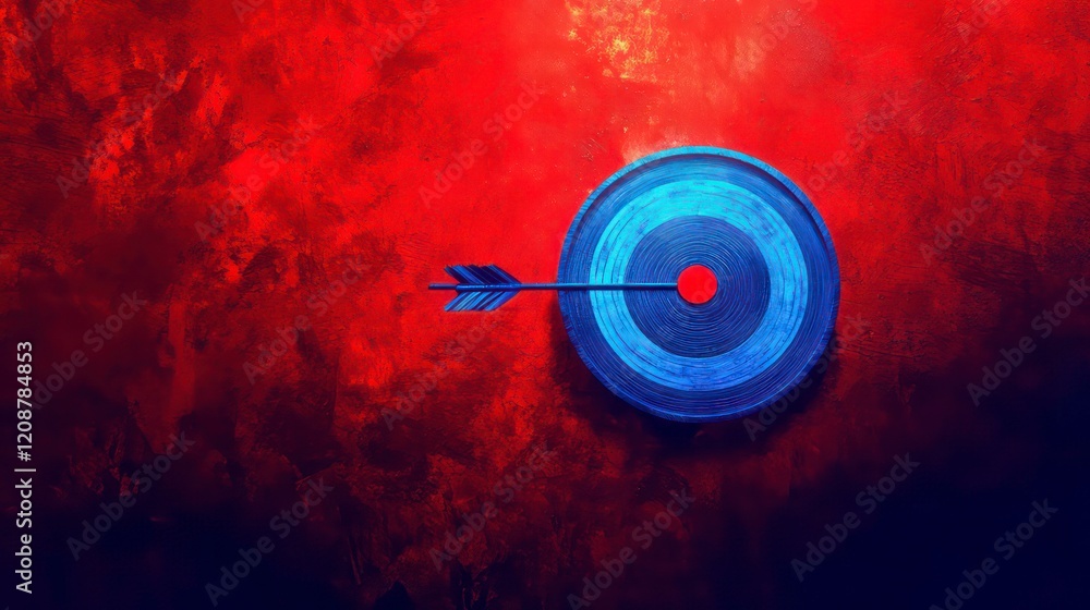 Poster blue and red target with arrow in the center against red background