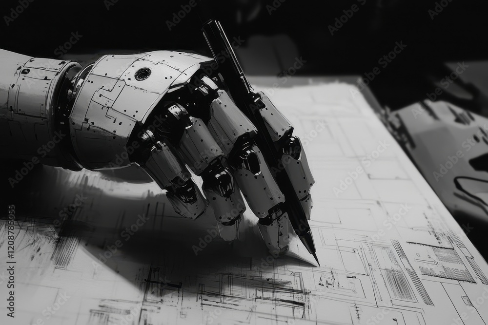 Poster robotic hand meticulously draws on blueprints. illustrates ai and automation in design or engineerin
