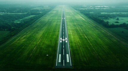 A plane taking off from an airport runway, viewed from above.