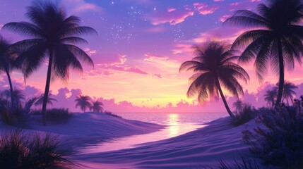 Tropical Sunset Beach Scene With Palm Trees