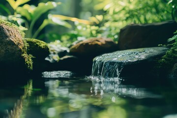 Tranquil Stream with Gentle Waterfall Flowing Over Smooth Rocks Surrounded by Lush Greenery in a Serene Natural Environment