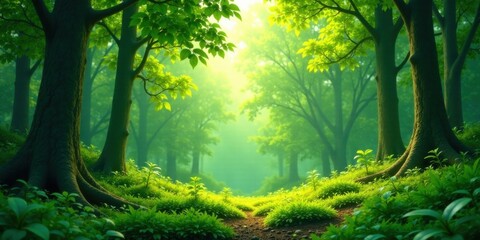 Obraz premium Sunlit Path Through a Lush, Verdant Forest of Tall Trees with Vibrant Green Undergrowth