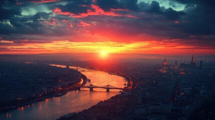 Panoramic view of the city at sunset with bridge and big river.