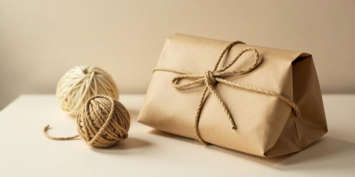 A simply wrapped package tied with natural twine, accompanied by two balls of string, suggesting a handmade gift or craft project.