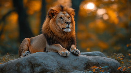 Naklejka premium A lion with a golden mane resting on a rock