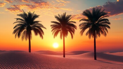 Three Palm Trees Silhouetted Against A Desert Sunset