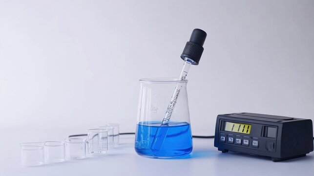 A setup showing a glass beaker with a blue basic solution and a pH meter inserted, displaying a reading of pH 11, on a clean white background. 