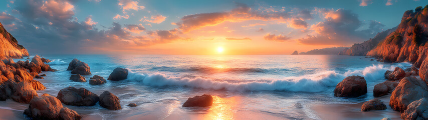 Fototapeta premium A coastline with a curved horizon captured with a fish-eye effect. Waves crashing against rocks and a vivid sunset add a sense of movement