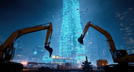 Futuristic Construction Project: Automation in Action at Night.