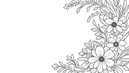 An elegant floral doodle in monochrome, showcasing diverse flowers, leaves, and abstract patterns, perfect for adult coloring books.