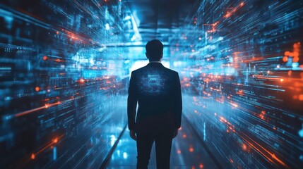 Businessman Overlooking Cityscape at Sunset. A silhouette of a businessman looking out of a window at a cityscape during sunset, reflecting on urban growth and future opportunities.