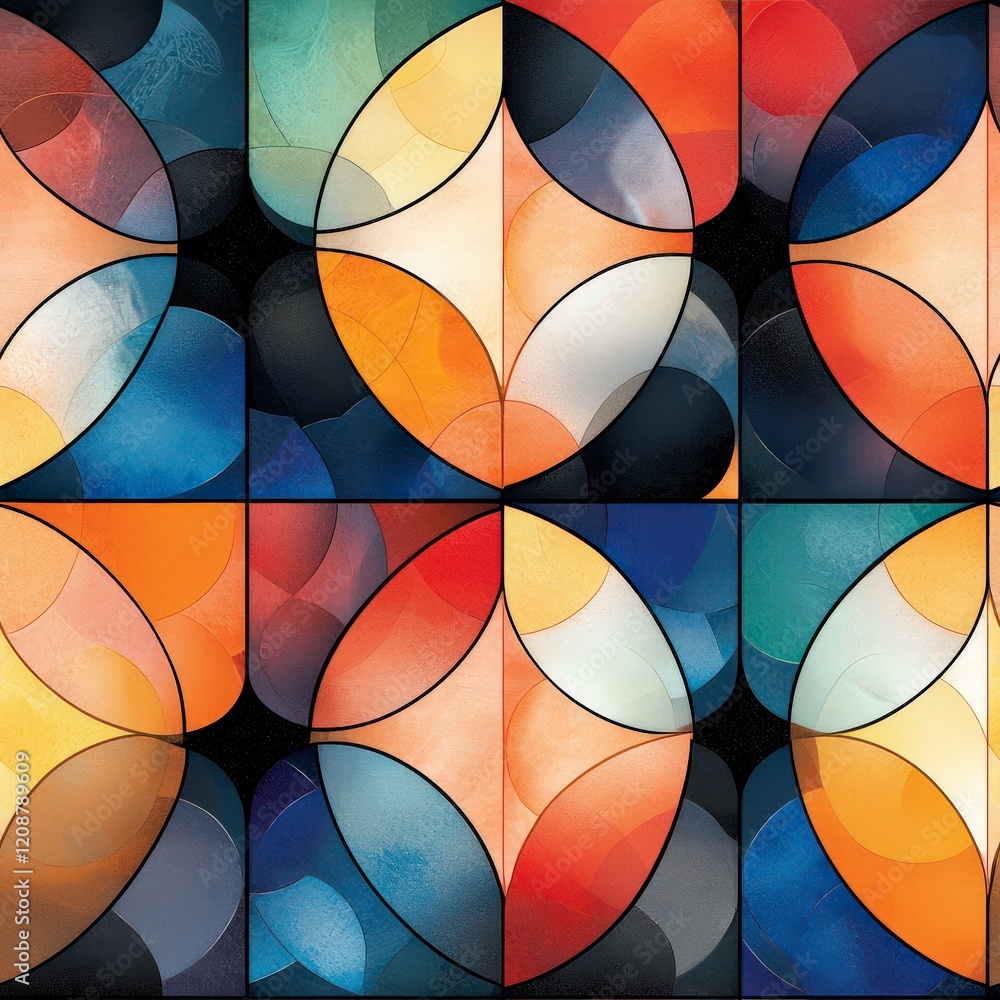 Poster colorful abstract geometric pattern with circular shapes and curved lines in a mosaic style artwork