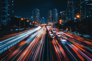 A vibrant image of city life showing a busy highway at night with cars in motion tail lights