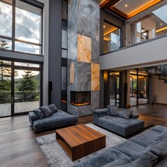 Modern Luxury Living Room with Fireplace  Large Windows   Mountain View