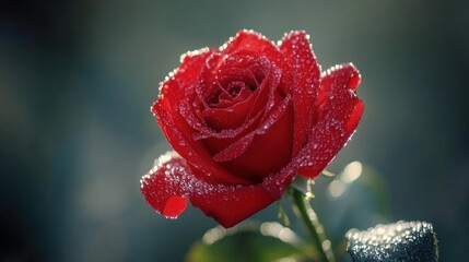 Raindrops on the petals of a vibrant red rose, the delicate water beads glistening in soft morning light. 