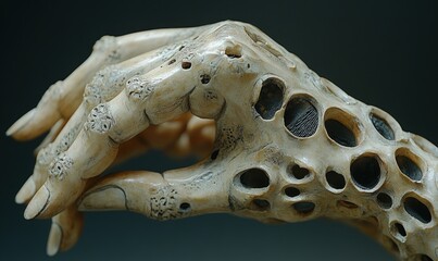Eroded bone hand, detailed carving, dark background.