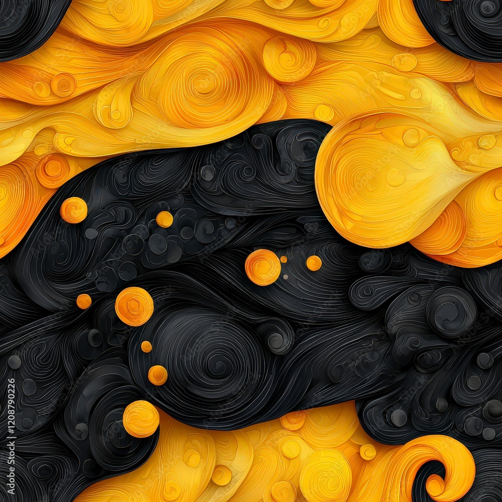 Poster vibrant swirls of black and yellow with fluid shapes and dynamic patterns for abstract art use