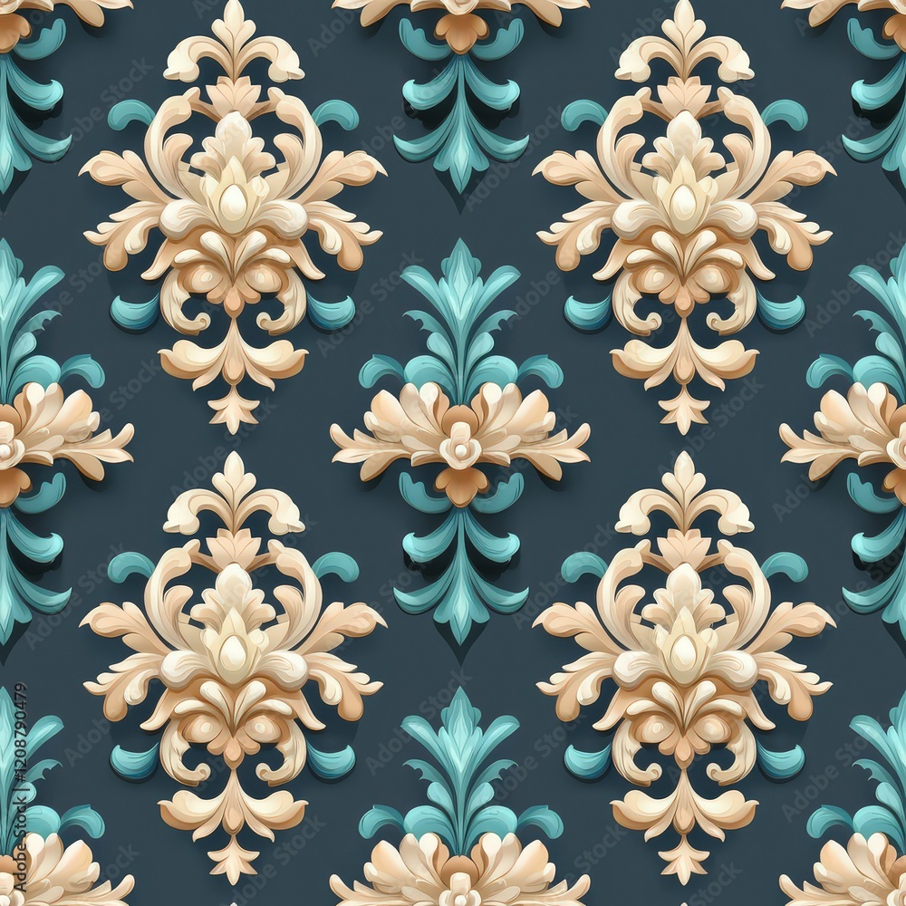Poster Elegant Floral Pattern with Intricate Designs in Soft Color Palette on Dark Background