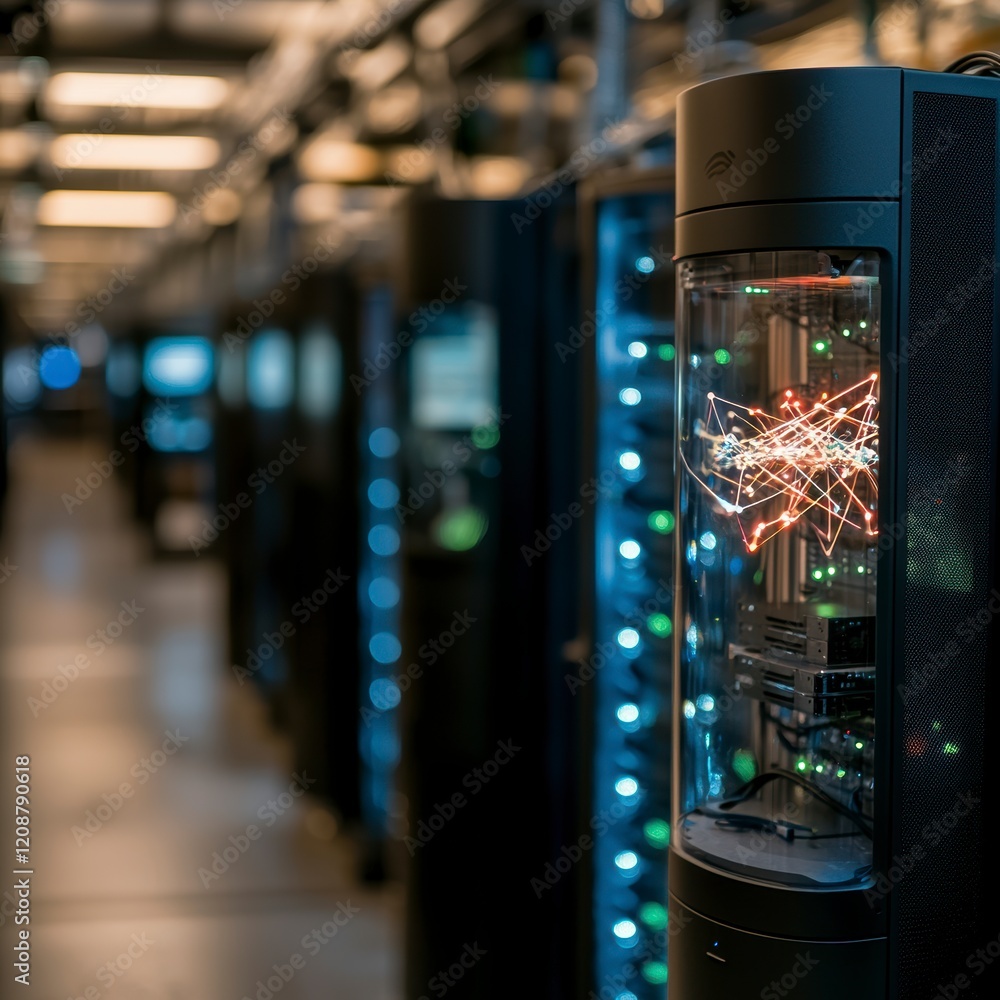 Poster futuristic quantum computer data center network server technology ai