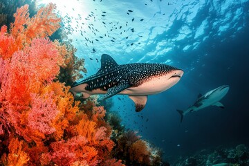 Fototapeta premium Underwater Scene Featuring a Graceful Whale Shark Swimming Through Vibrant Coral Reefs Surrounded by Schools of Fish in Crystal Clear Ocean Waters