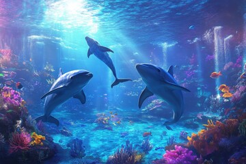 Fototapeta premium Underwater Paradise: A Vibrant Scene of Dolphins Swimming Among Colorful Coral Reefs in a Breathtaking Ocean Environment Showcasing Marine Life Beauty