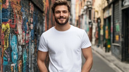 Confident Male Model Posing in Plain White Shirt Against Colorful Urban Graffiti Background