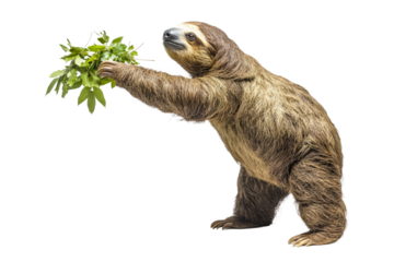 Sloth reaching for leaves in a bright, cheerful setting isolated on transparent background